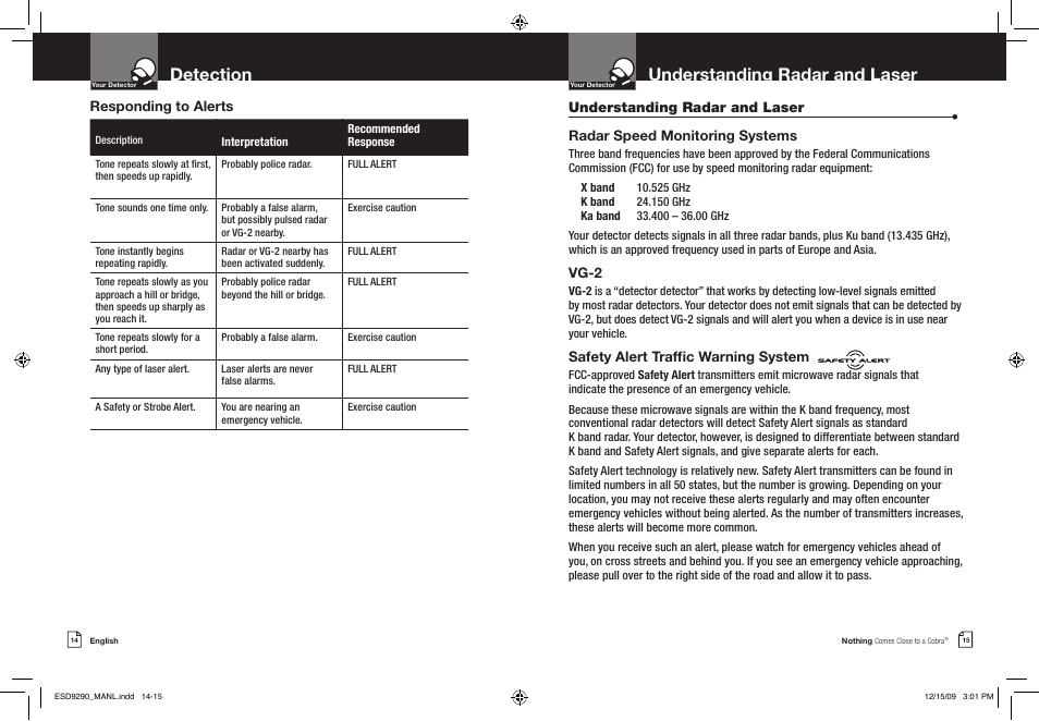 Detection, Understanding radar and laser, Vg-2 | Safety alert traffic warning system | Cobra Electronics ESD 9290 User Manual | Page 10 / 13