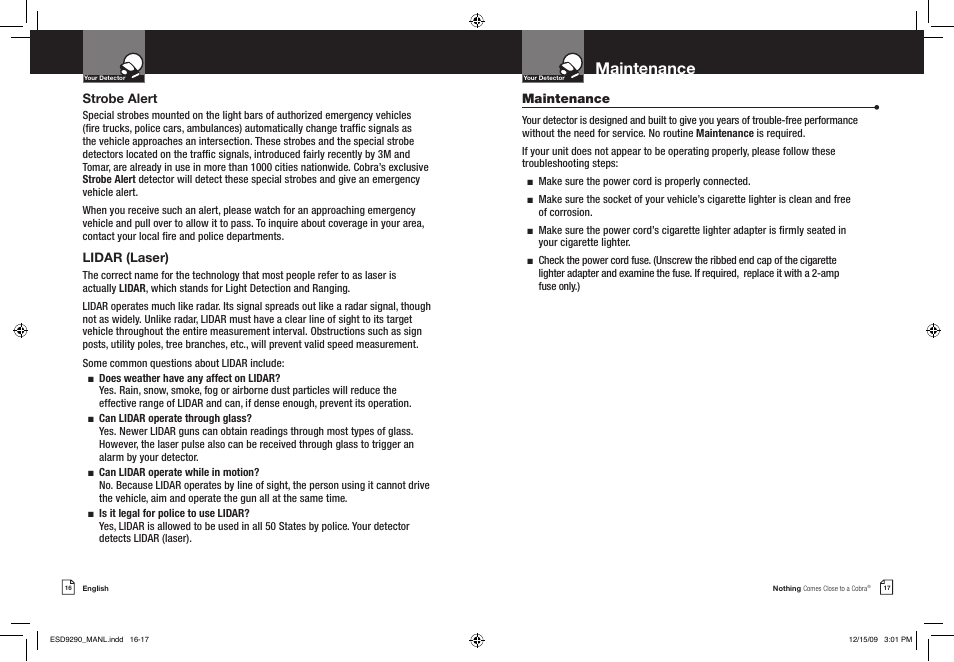 Maintenance, Strobe alert, Lidar (laser) | Cobra Electronics ESD 9290 User Manual | Page 11 / 13