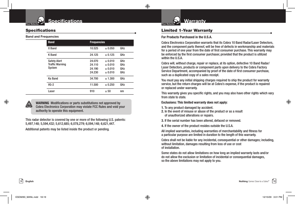 Specifications, Warranty, Limited 1-year warranty | Cobra Electronics ESD 9290 User Manual | Page 12 / 13