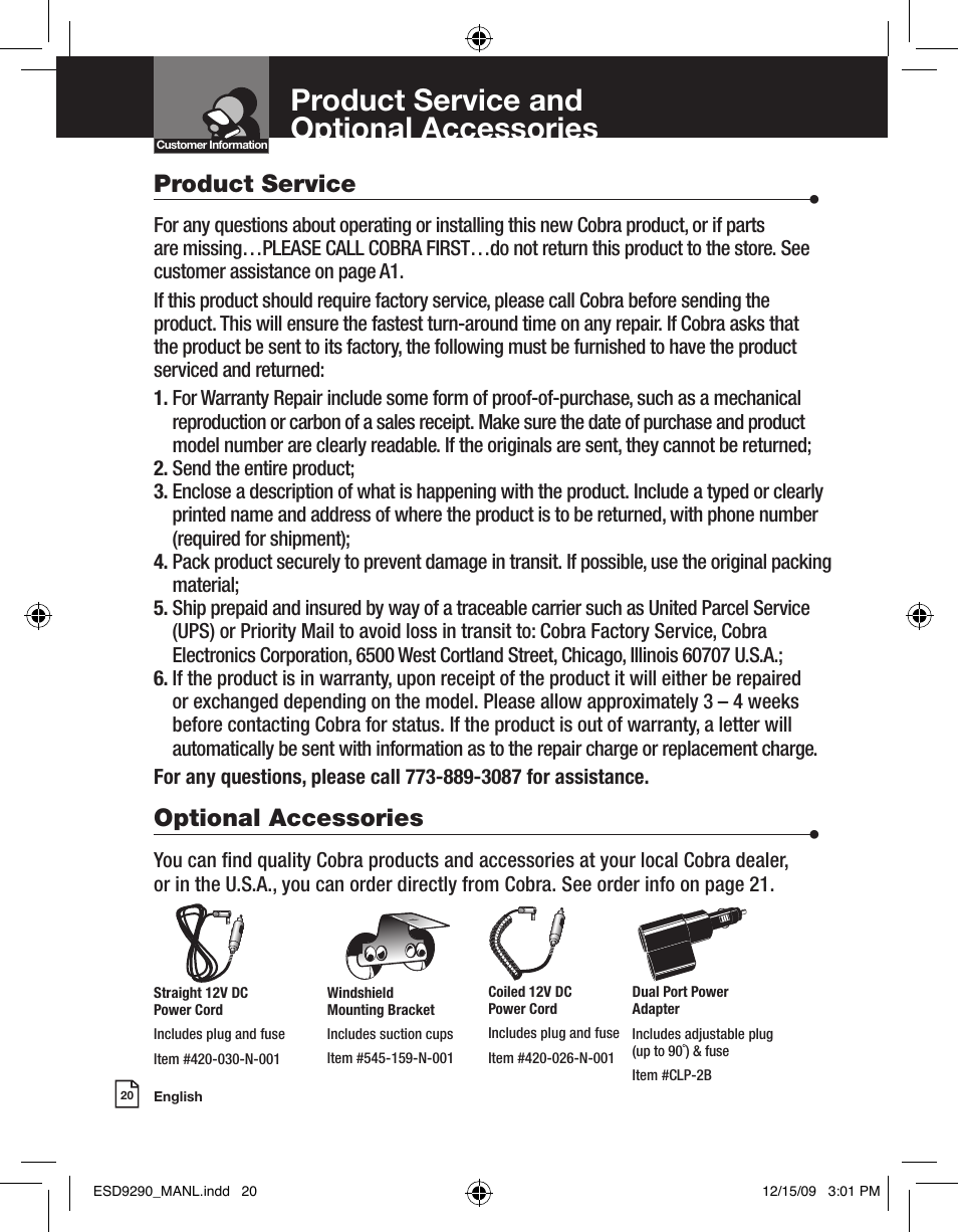 Product service and optional accessories, Product service, Optional accessories | Cobra Electronics ESD 9290 User Manual | Page 13 / 13