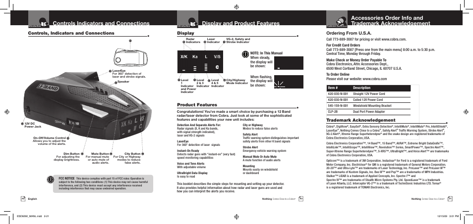 Ordering from u.s.a, Trademark acknowledgement | Cobra Electronics ESD 9290 User Manual | Page 2 / 13