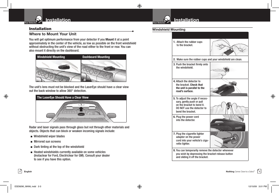 Installation, Installation • where to mount your unit | Cobra Electronics ESD 9290 User Manual | Page 4 / 13