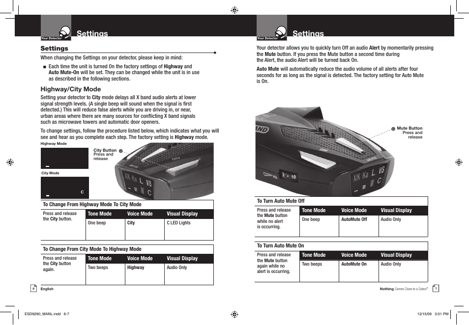 Settings, Highway/city mode | Cobra Electronics ESD 9290 User Manual | Page 6 / 13