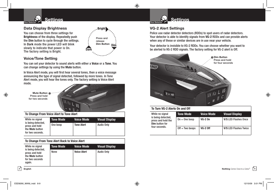 Settings, Data display brightness, Voice/tone setting | Vg-2 alert settings | Cobra Electronics ESD 9290 User Manual | Page 7 / 13