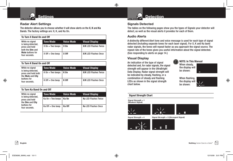 Settings, Detection, Radar alert settings | Signals detected, Audio alerts, Visual display | Cobra Electronics ESD 9290 User Manual | Page 8 / 13