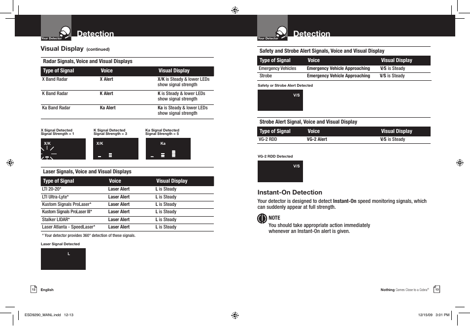 Detection, Visual display, Instant-on detection | Cobra Electronics ESD 9290 User Manual | Page 9 / 13