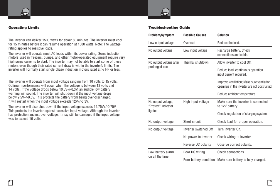 Operating limits, Troubleshooting guide | Cobra Electronics CPI M1500 User Manual | Page 13 / 16