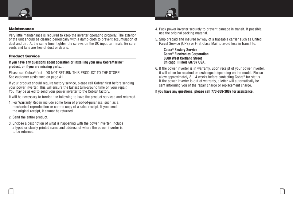 Maintenance and product service product service | Cobra Electronics CPI M1500 User Manual | Page 15 / 16
