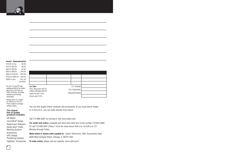 Accessories and order form | Cobra Electronics CPI M1500 User Manual | Page 16 / 16