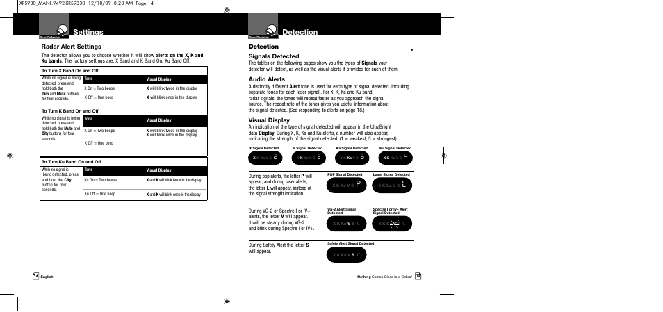 Detection, Settings, Signals detected | Audio alerts, Visual display, Radar alert settings | Cobra Electronics COBRA XRS 930 User Manual | Page 10 / 15