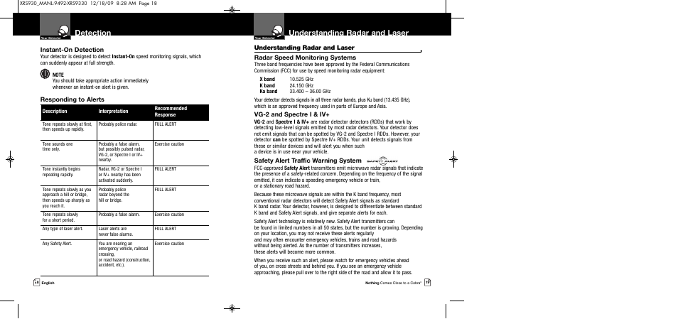 Understanding radar and laser, Detection, Radar speed monitoring systems | Vg-2 and spectre i & iv, Safety alert traffic warning system, Instant-on detection, Responding to alerts | Cobra Electronics COBRA XRS 930 User Manual | Page 12 / 15