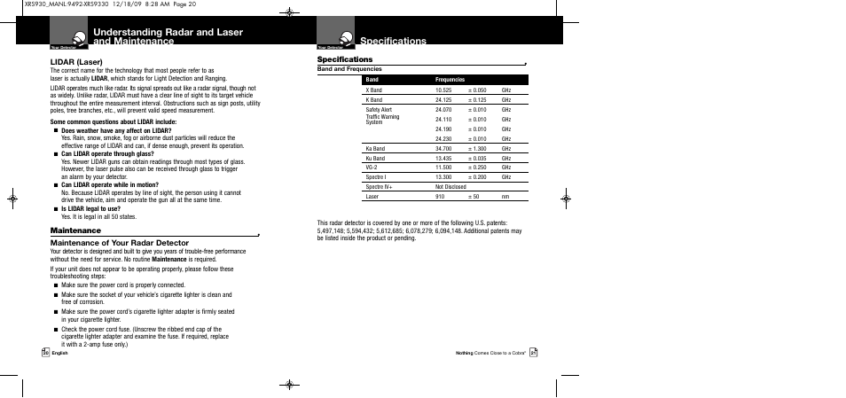 Understanding radar and laser and maintenance, Specifications, Lidar (laser) | Maintenance, Maintenance of your radar detector | Cobra Electronics COBRA XRS 930 User Manual | Page 13 / 15