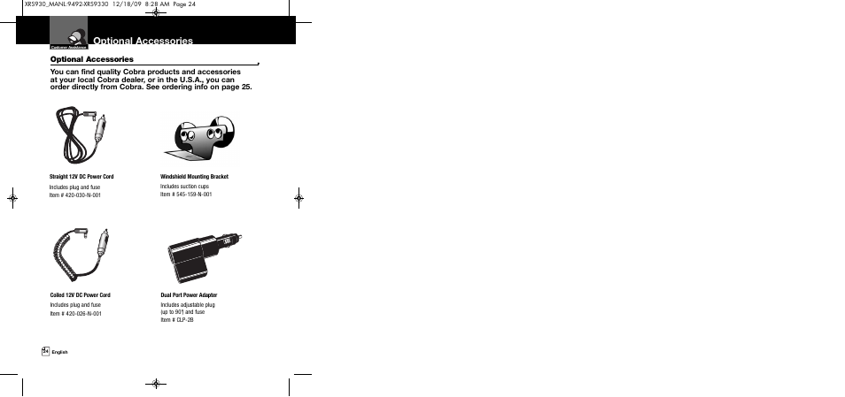 Optional accessories | Cobra Electronics COBRA XRS 930 User Manual | Page 15 / 15