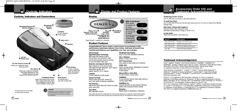 Display and product features, Controls, indicators, X k ka v s | Controls, indicators and connections, Product features, Display, Trademark acknowledgement, Ordering from u.s.a | Cobra Electronics COBRA XRS 930 User Manual | Page 2 / 15
