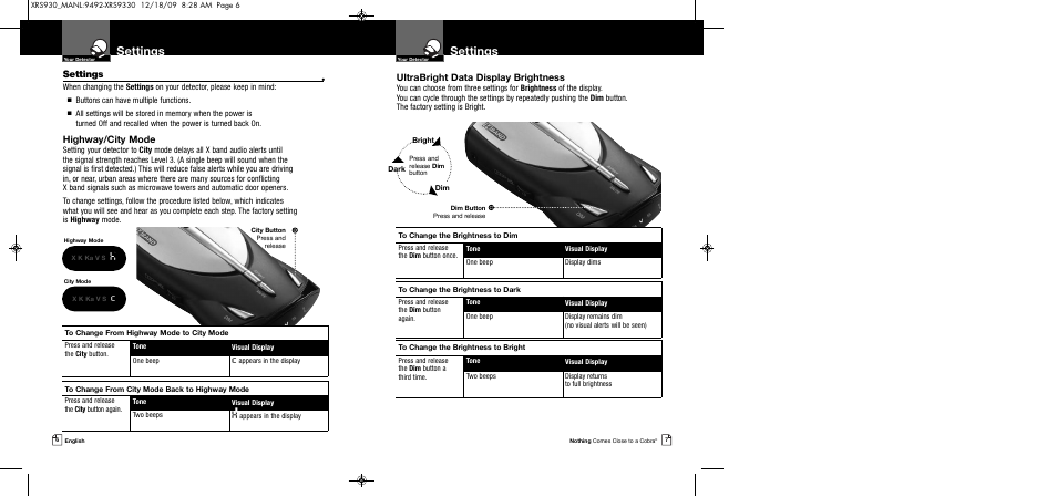 Settings, Ultrabright data display brightness, Highway/city mode | Cobra Electronics COBRA XRS 930 User Manual | Page 6 / 15