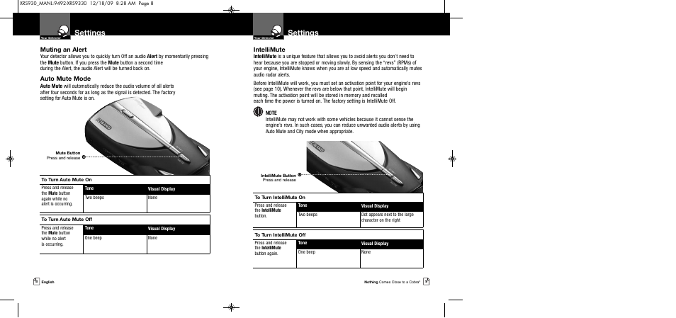 Settings, Muting an alert, Auto mute mode | Intellimute | Cobra Electronics COBRA XRS 930 User Manual | Page 7 / 15