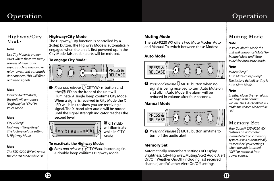 Operation, Highway/city mode muting mode, Press & release | Cobra Electronics ESD-9220 WX User Manual | Page 10 / 18