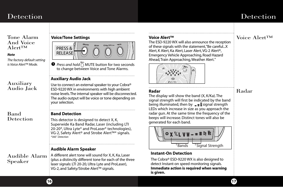 Detection, Tone alarm and voice alert, Radar voice alert | Auxiliary audio jack, Band detection, Audible alarm speaker | Cobra Electronics ESD-9220 WX User Manual | Page 12 / 18