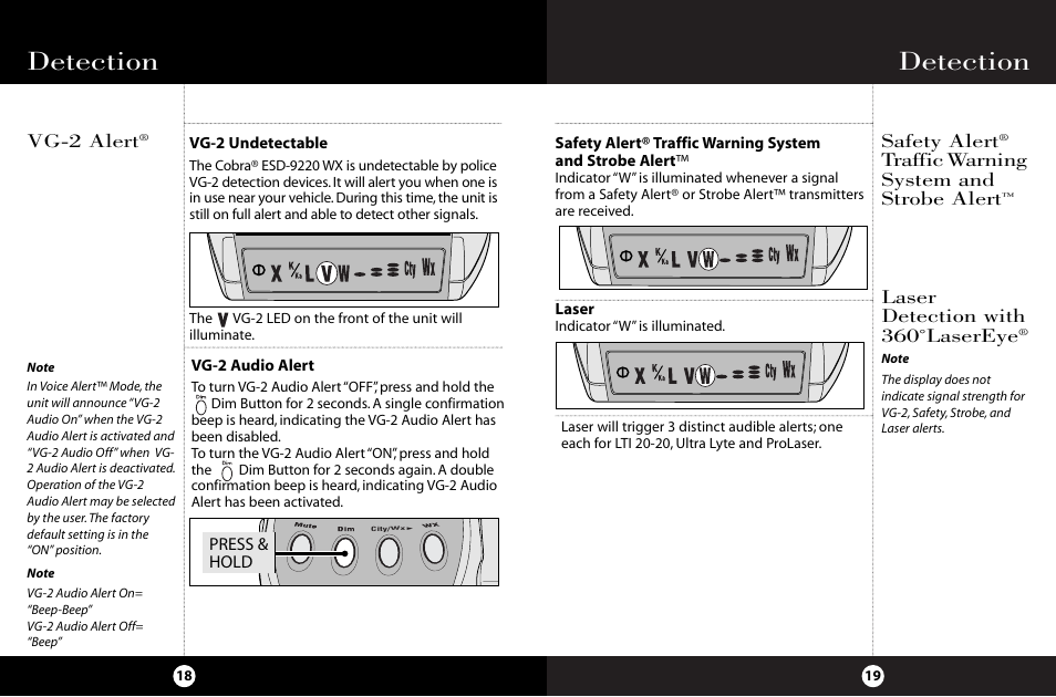 Detection, Safety alert, Traffic warning system and strobe alert | Laser detection with 360˚lasereye, Vg-2 alert | Cobra Electronics ESD-9220 WX User Manual | Page 13 / 18