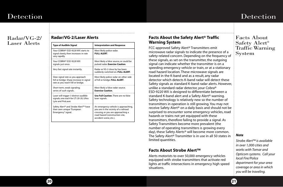 Detection, Radar/vg-2/ laser alerts, Facts about safety alert | Traffic warning system, Radar/vg-2/laser alerts, Facts about strobe alert | Cobra Electronics ESD-9220 WX User Manual | Page 14 / 18