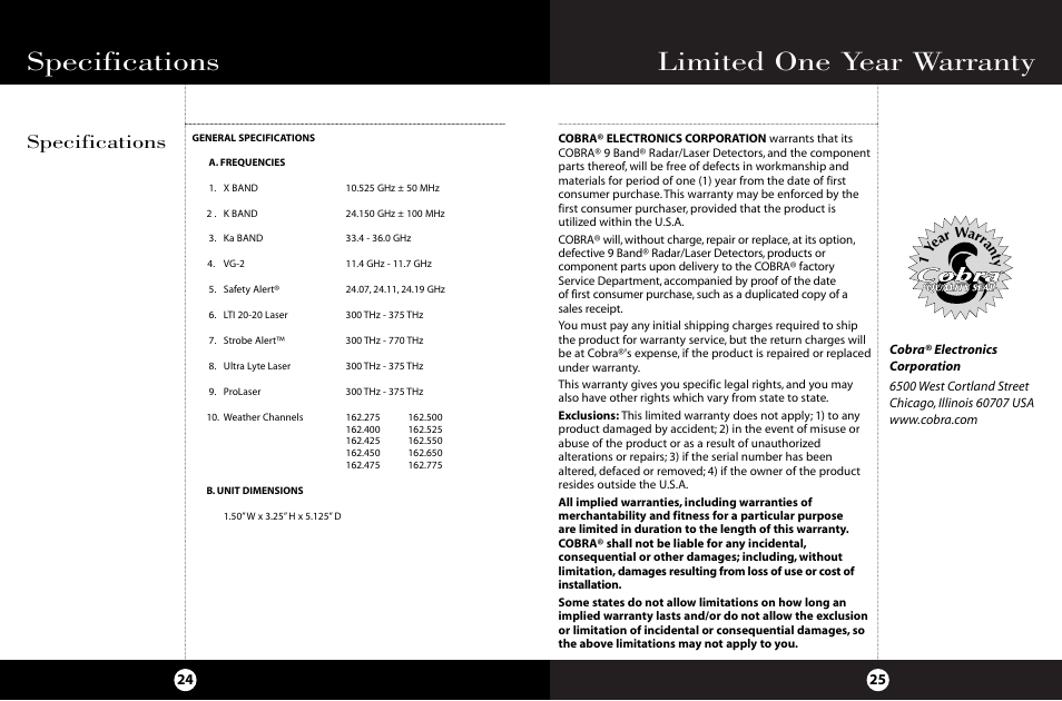 Quality seal, Limited one year warranty, Specifications | Cobra Electronics ESD-9220 WX User Manual | Page 16 / 18