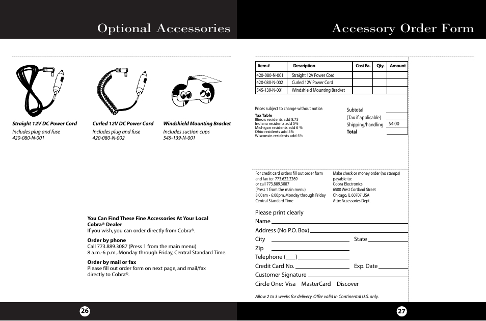 Optional accessories, Accessory order form | Cobra Electronics ESD-9220 WX User Manual | Page 17 / 18