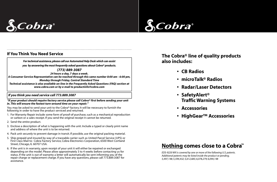 Nothing comes close to a cobra | Cobra Electronics ESD-9220 WX User Manual | Page 18 / 18