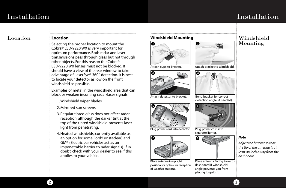 Installation, Location windshield mounting, Location | Windshield mounting | Cobra Electronics ESD-9220 WX User Manual | Page 5 / 18