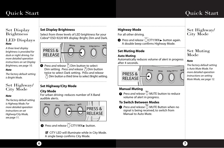Quick start, Press & release, Set highway/ city mode set muting mode | Set display brightness set highway/ city mode, Led displays | Cobra Electronics ESD-9220 WX User Manual | Page 7 / 18