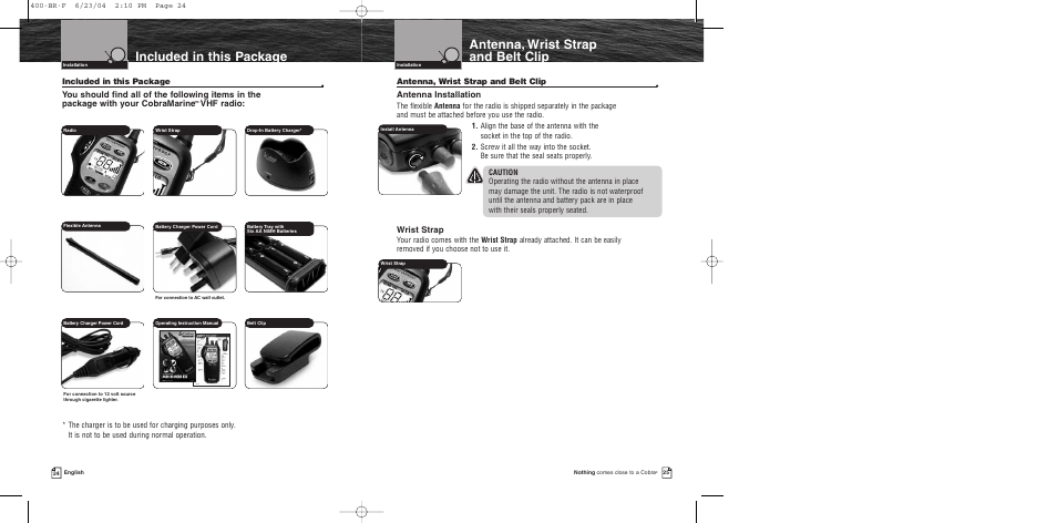 Included in this package, Antenna, wrist strap and belt clip, Antenna installation | Wrist strap, Vhf radio | Cobra Electronics MR HH400 EU User Manual | Page 14 / 24
