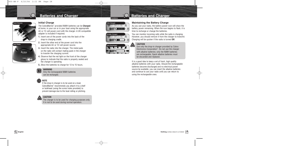 Batteries and charger, Initial charge, Maintaining the battery charge | Cobra Electronics MR HH400 EU User Manual | Page 16 / 24