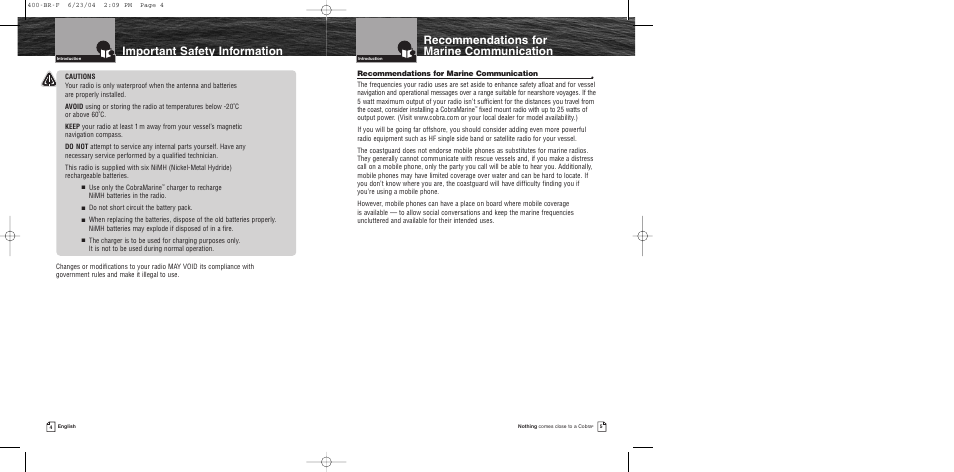 Recommendations for marine c, Recommendations for marine communication | Cobra Electronics MR HH400 EU User Manual | Page 4 / 24