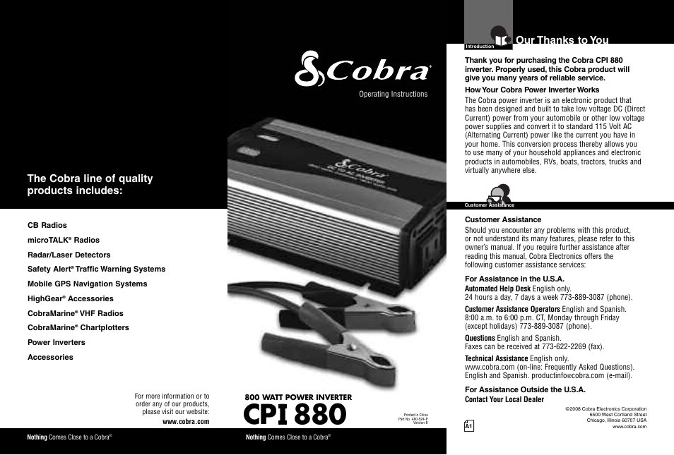 Cobra Electronics 800 Watt Power Inverter CPI 880 User Manual | 11 pages