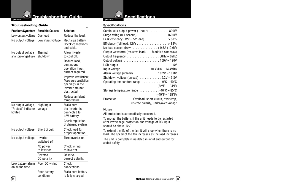 Troubleshooting guide, Specifications | Cobra Electronics 800 Watt Power Inverter CPI 880 User Manual | Page 10 / 11