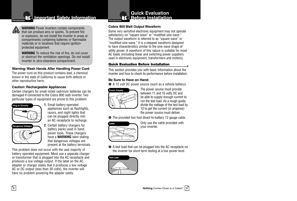 Important safety information, Quick evaluation before installation | Cobra Electronics 800 Watt Power Inverter CPI 880 User Manual | Page 4 / 11