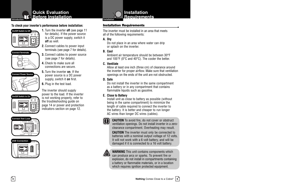 Installation requirements, Quick evaluation before installation | Cobra Electronics 800 Watt Power Inverter CPI 880 User Manual | Page 5 / 11