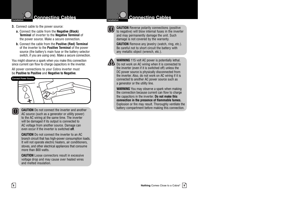 Connecting cables | Cobra Electronics 800 Watt Power Inverter CPI 880 User Manual | Page 7 / 11