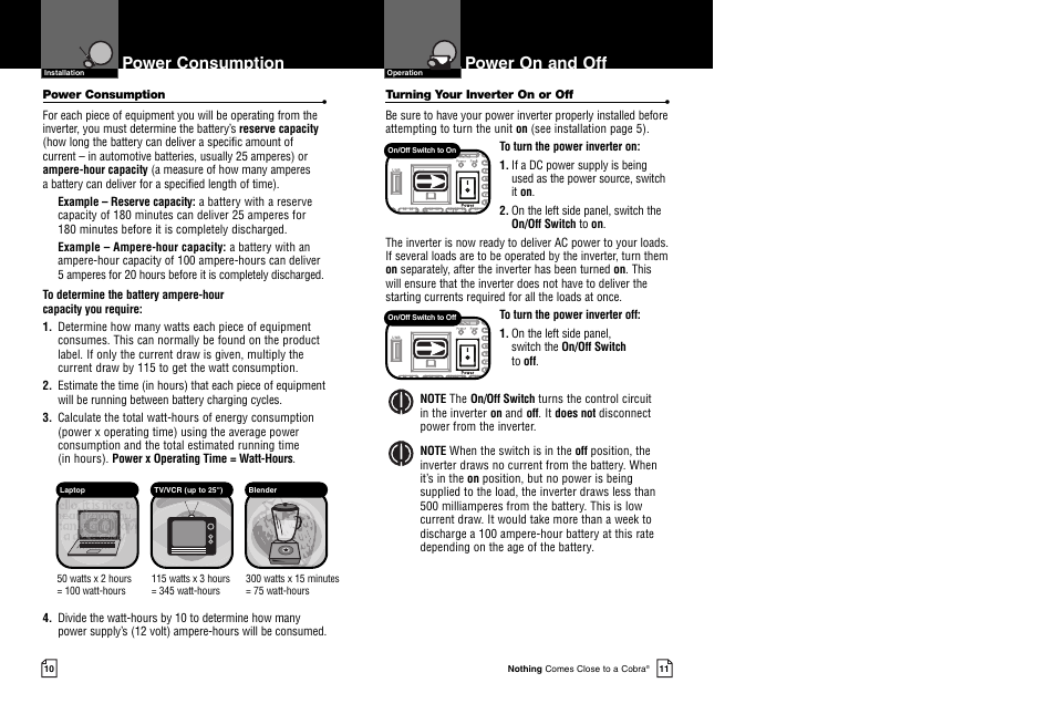 Power consumption, Power on and off | Cobra Electronics 800 Watt Power Inverter CPI 880 User Manual | Page 8 / 11