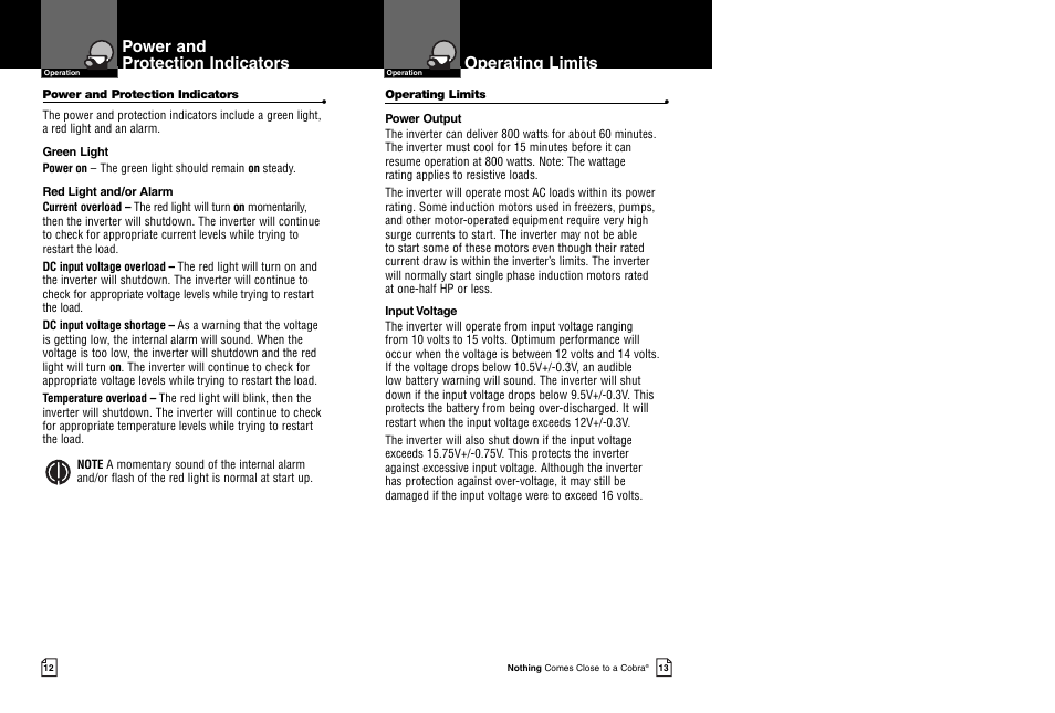 Power and protection indicators, Operating limits | Cobra Electronics 800 Watt Power Inverter CPI 880 User Manual | Page 9 / 11