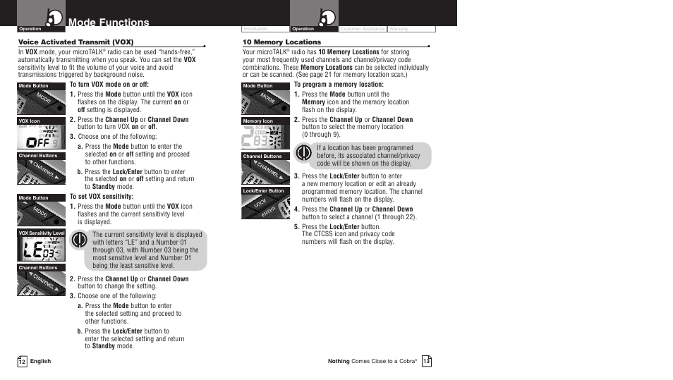 Mode functions | Cobra Electronics LI 6000WX User Manual | Page 10 / 20