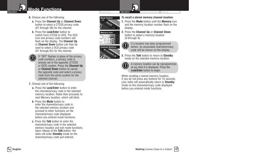 Mode functions | Cobra Electronics LI 6000WX User Manual | Page 11 / 20