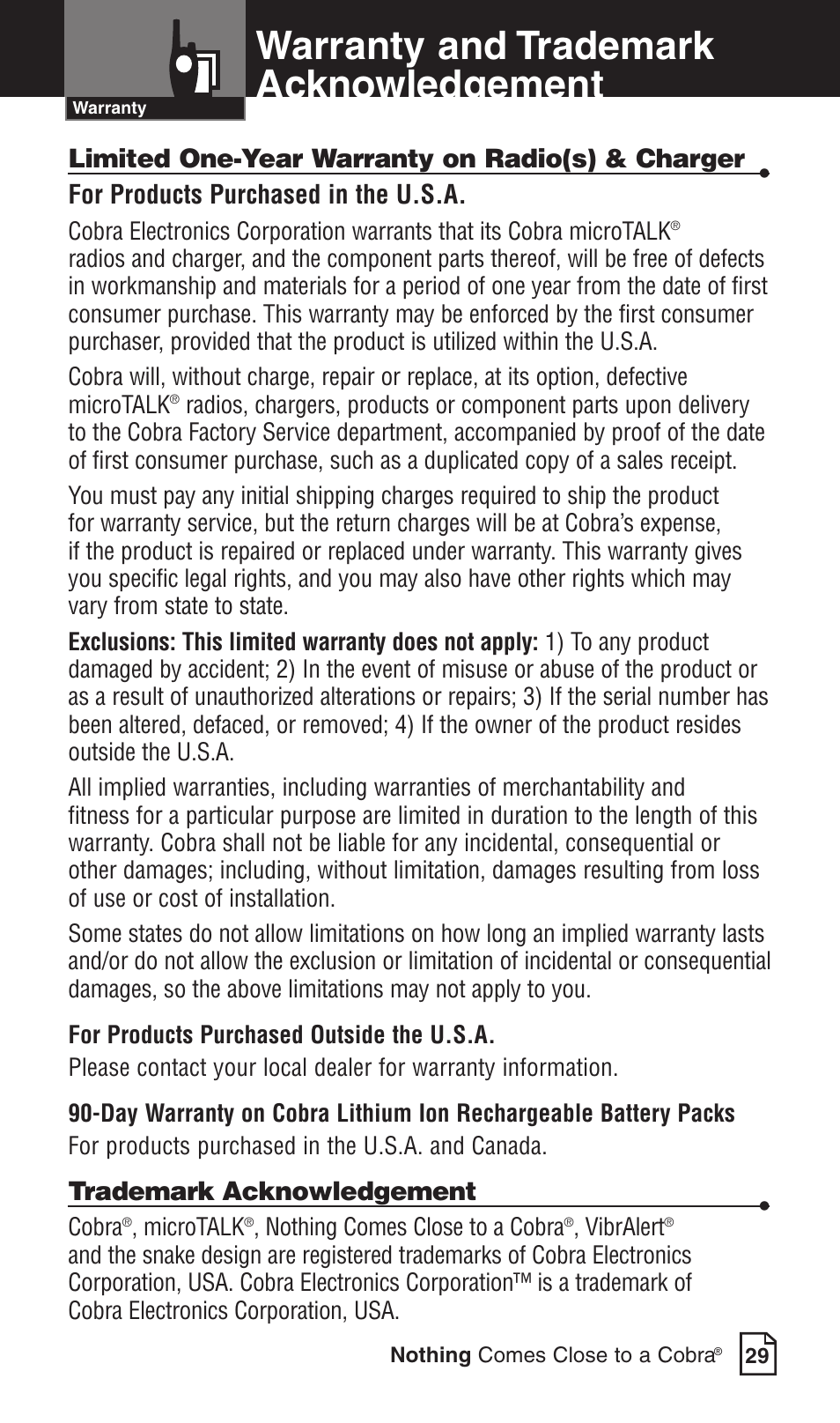 Warranty and trademark acknowledgement | Cobra Electronics LI 6000WX User Manual | Page 19 / 20
