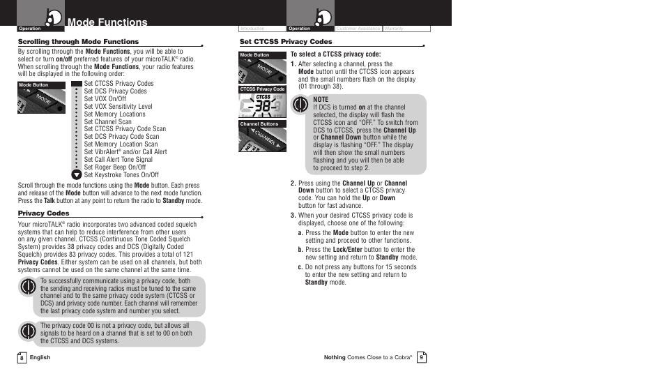 Mode functions | Cobra Electronics LI 6000WX User Manual | Page 8 / 20