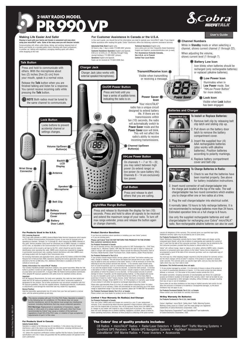 Pr990 vp, Way radio model, Ooperation customer assistance warranty notice | The cobra, Radios • radar/laser detectors • safety alert, Accessories • cobramarine, Vhf marine radios • power inverters • accessories | Cobra Electronics PR990VP User Manual | Page 2 / 2