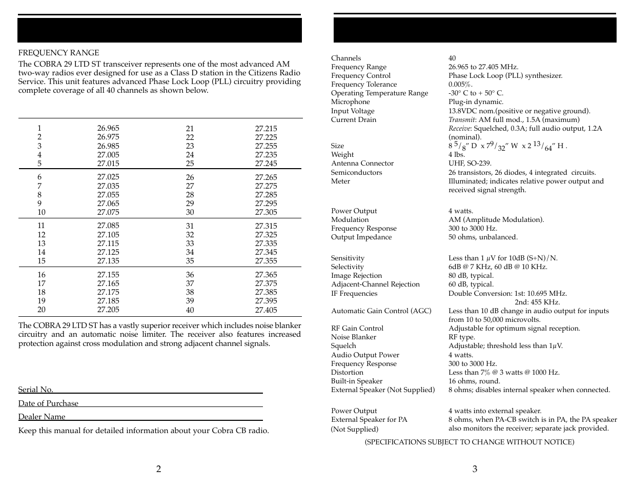 Specifications (cont.), Specifications | Cobra Electronics 29 LTD ST User Manual | Page 3 / 11