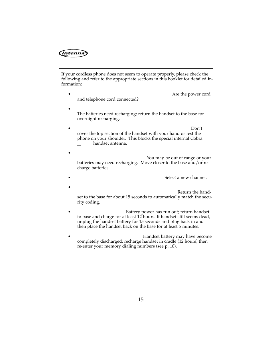 Cordless telephone troubleshooting guide | Cobra Electronics CP-2501 User Manual | Page 16 / 20