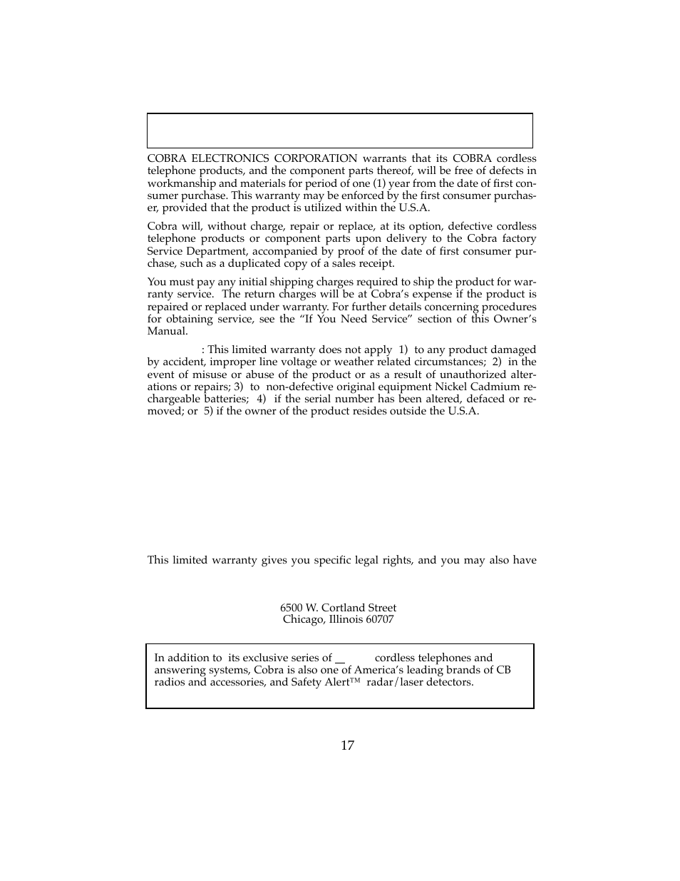 Limited one-year warranty | Cobra Electronics CP-2501 User Manual | Page 18 / 20