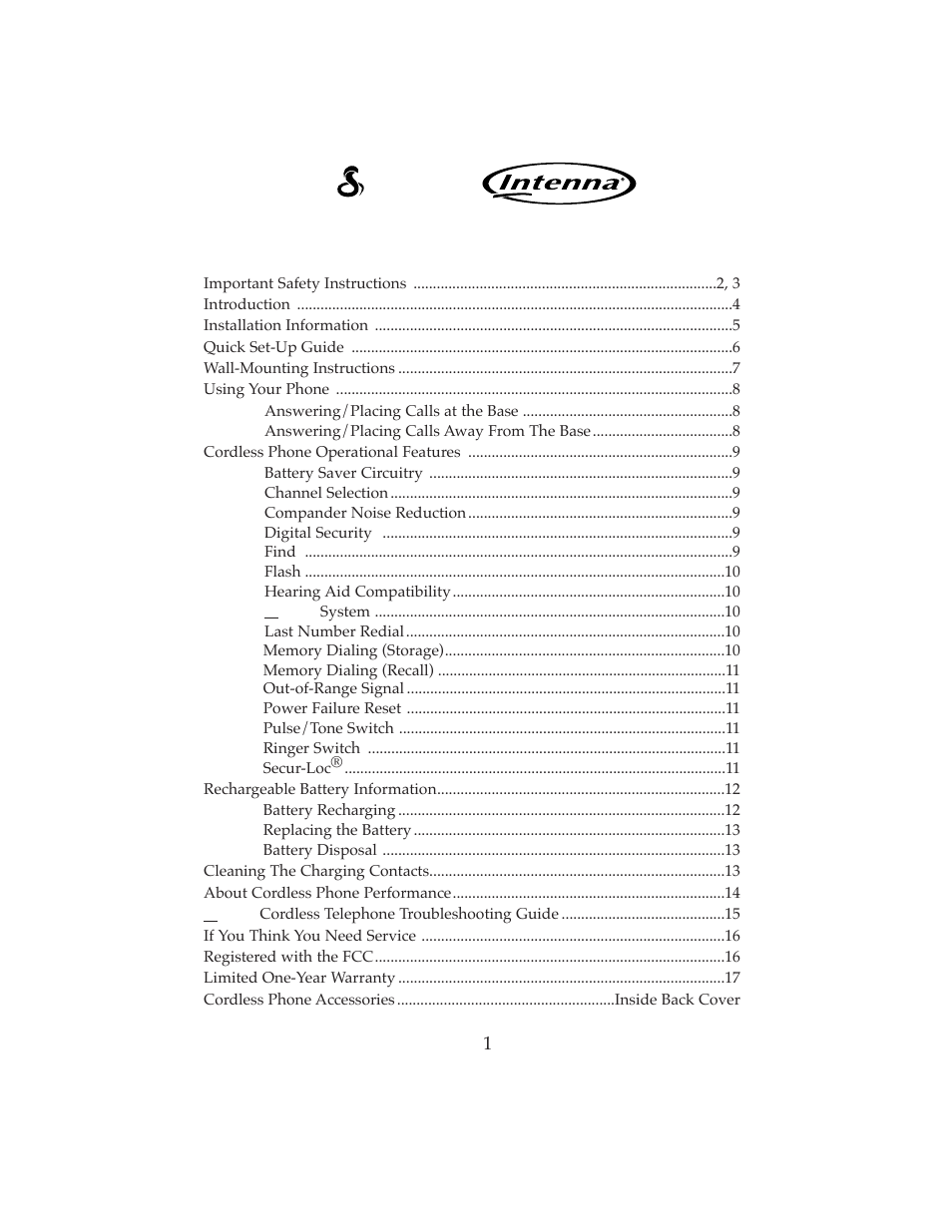 Cobra, Cordless telephone model cp-2501 table of contents | Cobra Electronics CP-2501 User Manual | Page 2 / 20