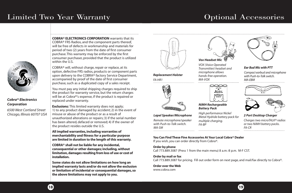 Optional accessories, Limited two year warranty | Cobra Electronics FRS 110 User Manual | Page 12 / 14