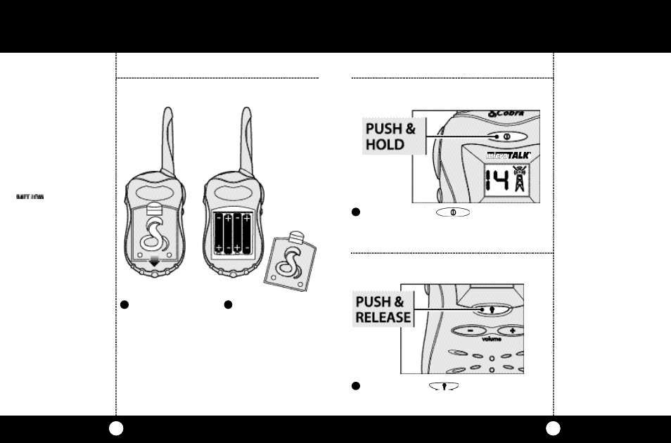 Operation, Turning on your microtalk, Illuminating the display | Battery installation | Cobra Electronics FRS 110 User Manual | Page 4 / 14